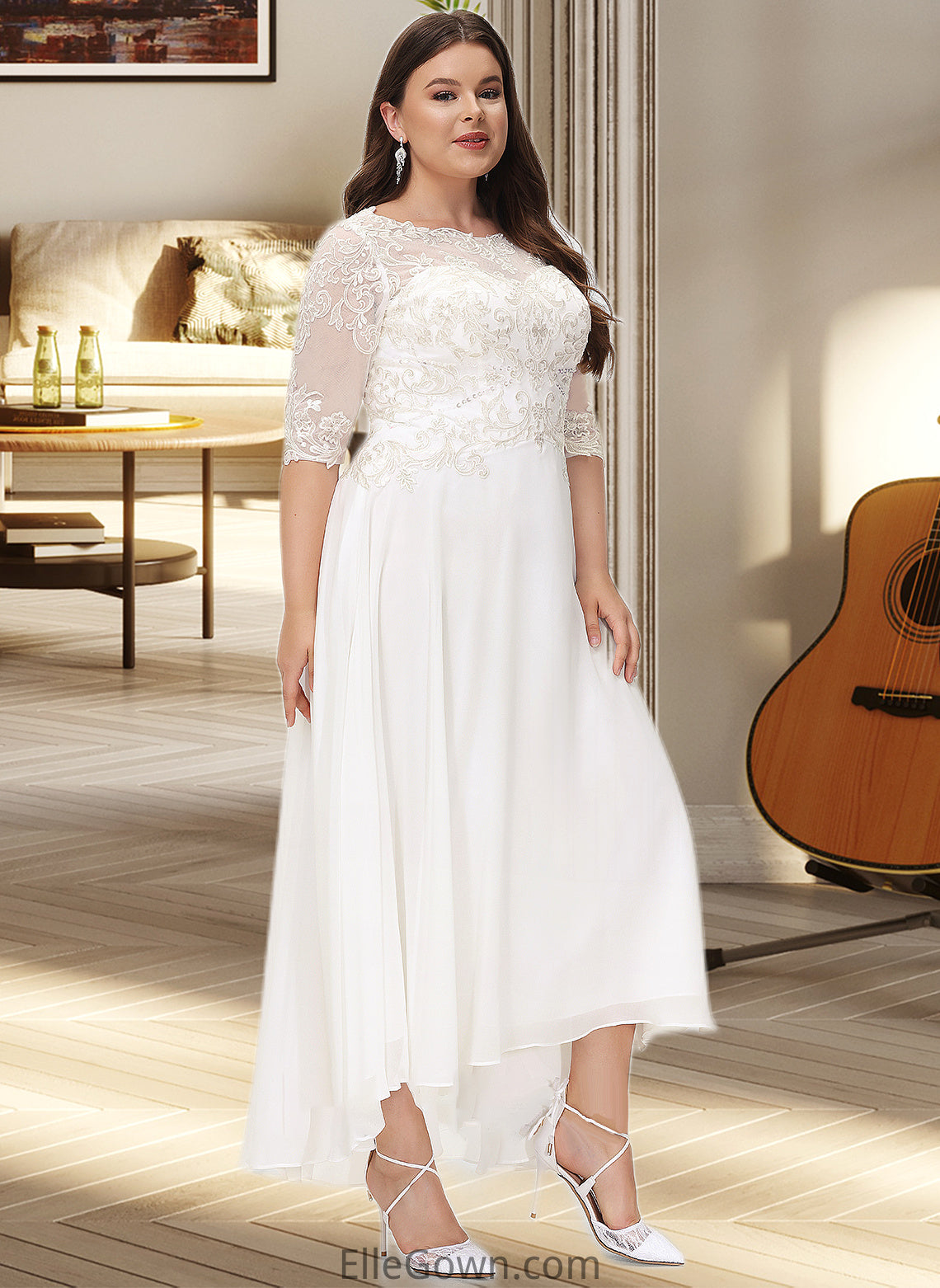 Alisson A-Line Scoop Neck Asymmetrical Chiffon Wedding Dress With Beading Sequins DEP0013686