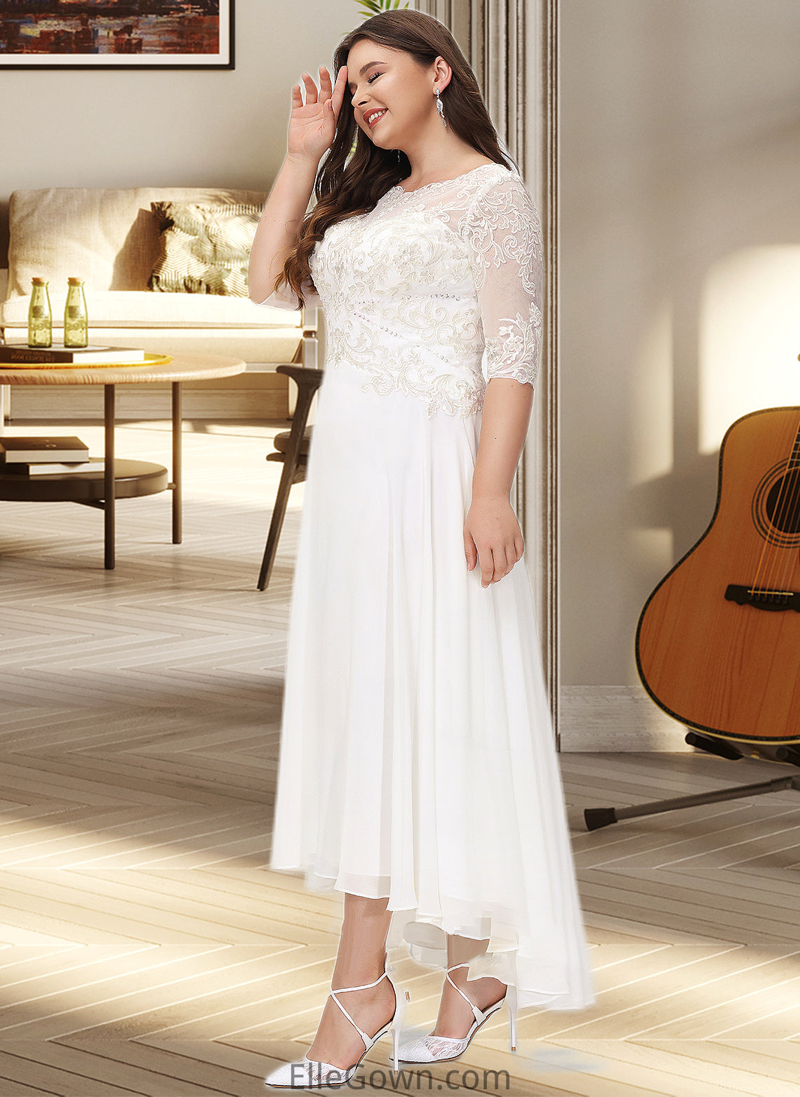 Alisson A-Line Scoop Neck Asymmetrical Chiffon Wedding Dress With Beading Sequins DEP0013686