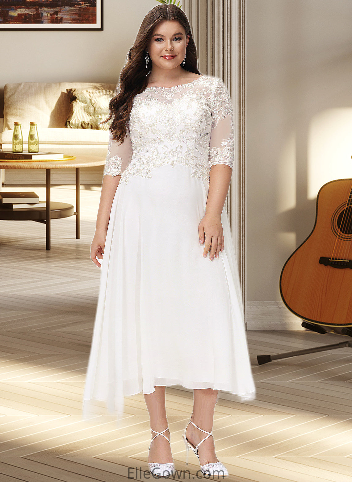 Alisson A-Line Scoop Neck Asymmetrical Chiffon Wedding Dress With Beading Sequins DEP0013686