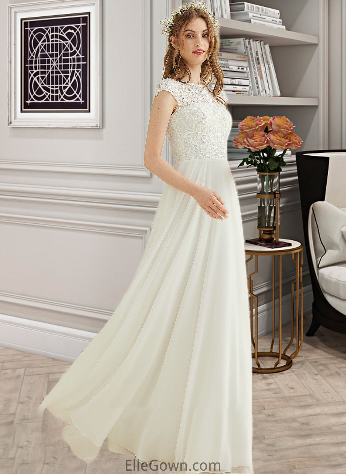 Chana A-Line Floor-Length Chiffon Lace Wedding Dress DEP0013687