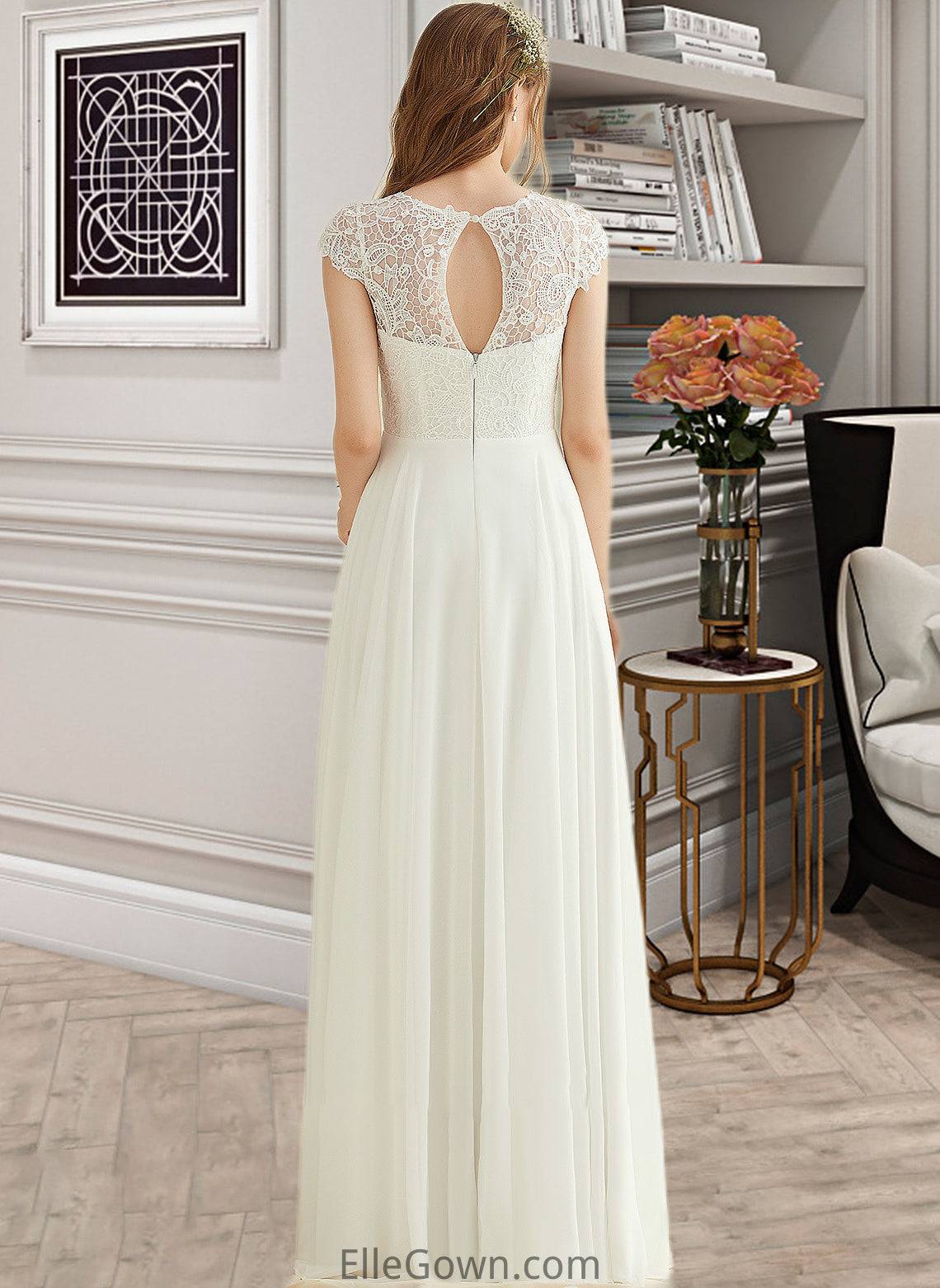 Chana A-Line Floor-Length Chiffon Lace Wedding Dress DEP0013687