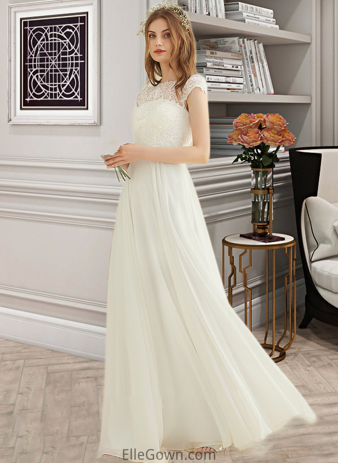 Chana A-Line Floor-Length Chiffon Lace Wedding Dress DEP0013687