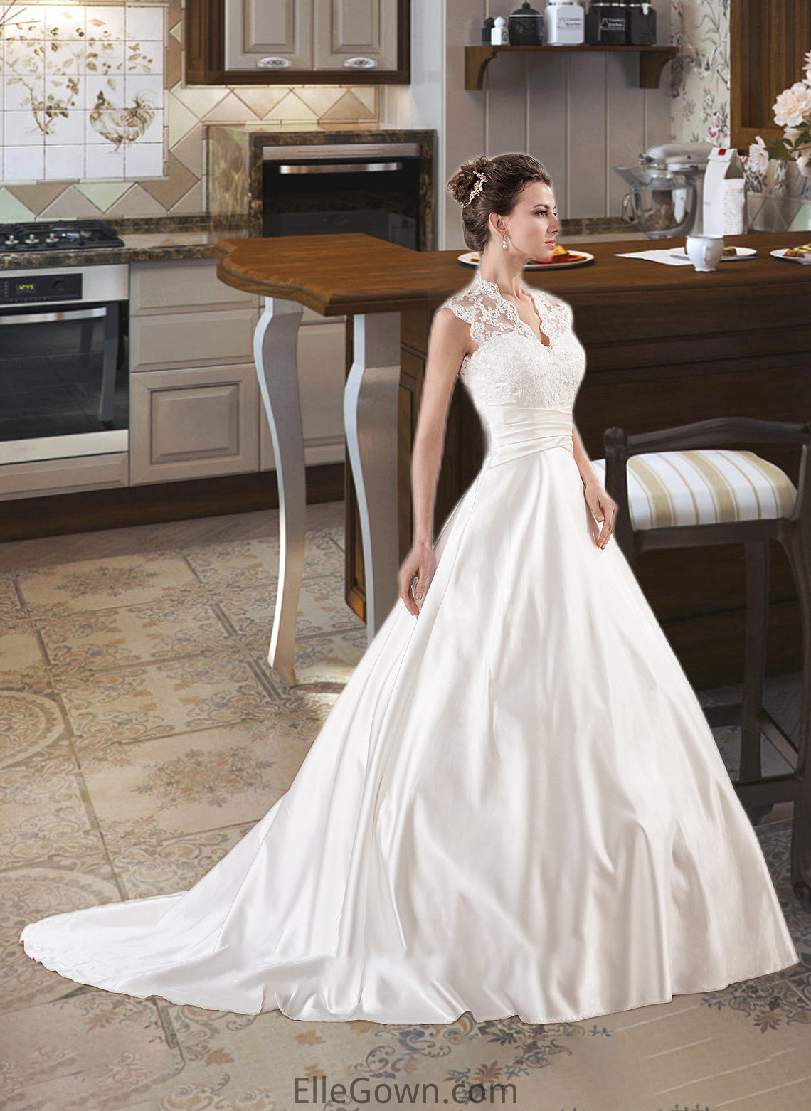 Isabella Ball-Gown/Princess V-neck Court Train Satin Lace Wedding Dress With Ruffle DEP0013688