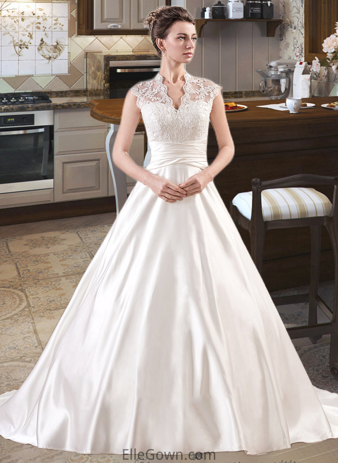 Isabella Ball-Gown/Princess V-neck Court Train Satin Lace Wedding Dress With Ruffle DEP0013688