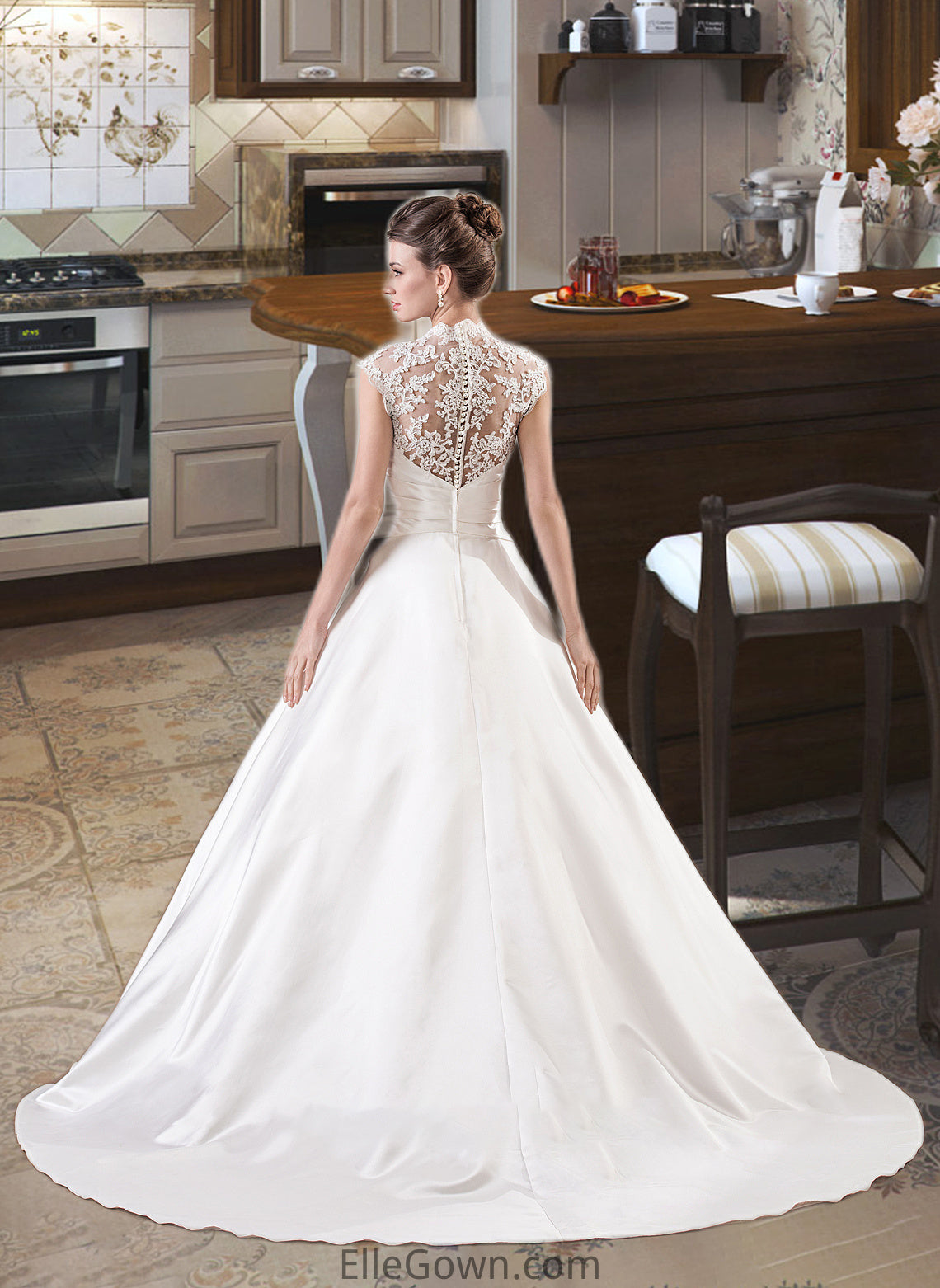 Isabella Ball-Gown/Princess V-neck Court Train Satin Lace Wedding Dress With Ruffle DEP0013688