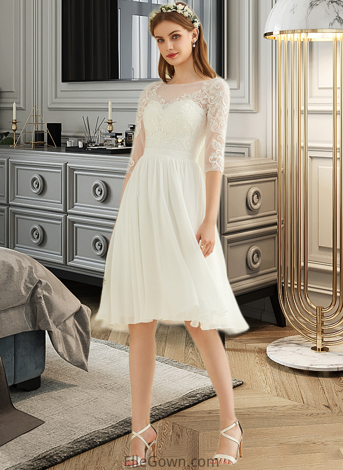 Yasmin A-Line Knee-Length Chiffon Lace Wedding Dress With Sequins DEP0013689