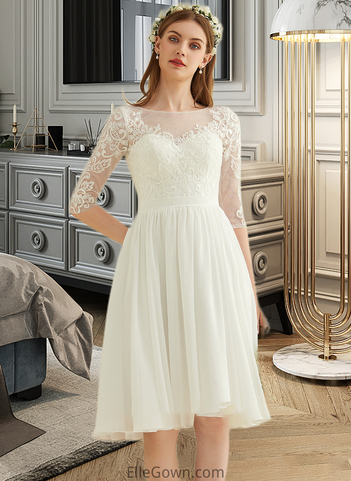 Yasmin A-Line Knee-Length Chiffon Lace Wedding Dress With Sequins DEP0013689