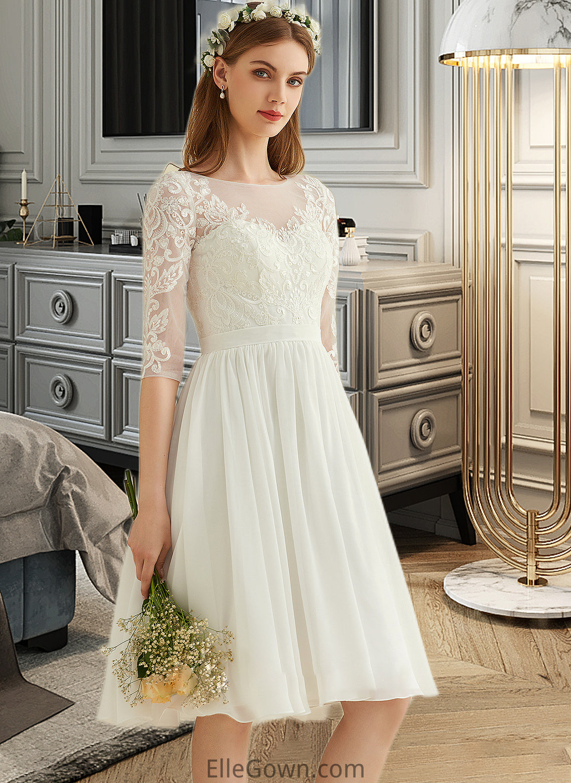 Yasmin A-Line Knee-Length Chiffon Lace Wedding Dress With Sequins DEP0013689