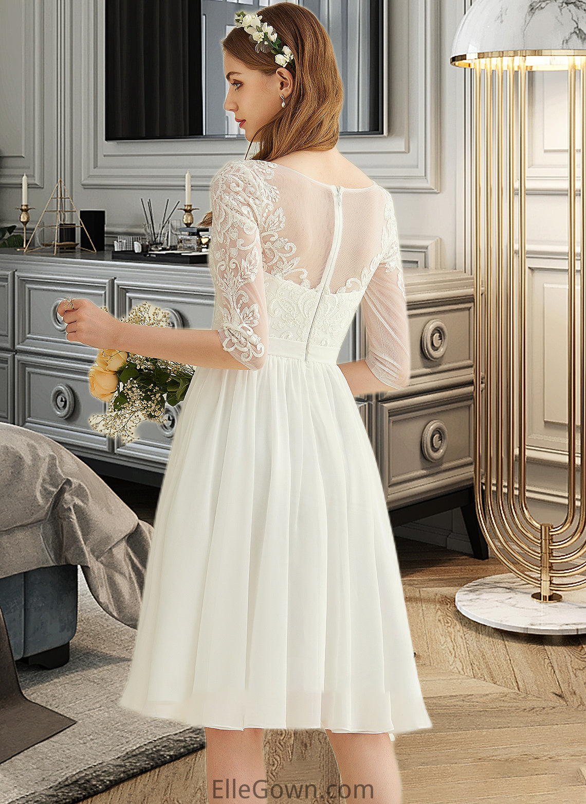 Yasmin A-Line Knee-Length Chiffon Lace Wedding Dress With Sequins DEP0013689