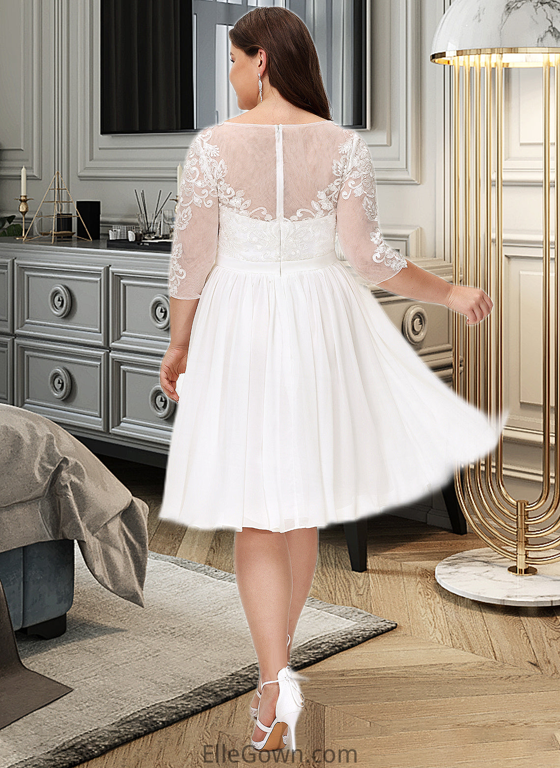 Yasmin A-Line Knee-Length Chiffon Lace Wedding Dress With Sequins DEP0013689