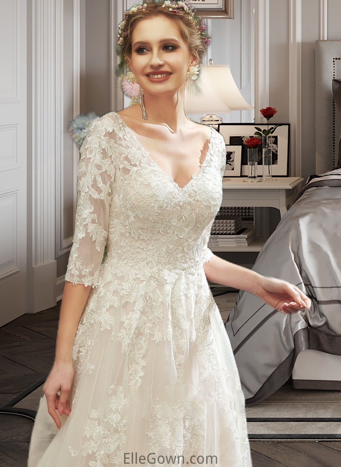 Gladys A-Line V-neck Court Train Wedding Dress With Sequins DEP0013690