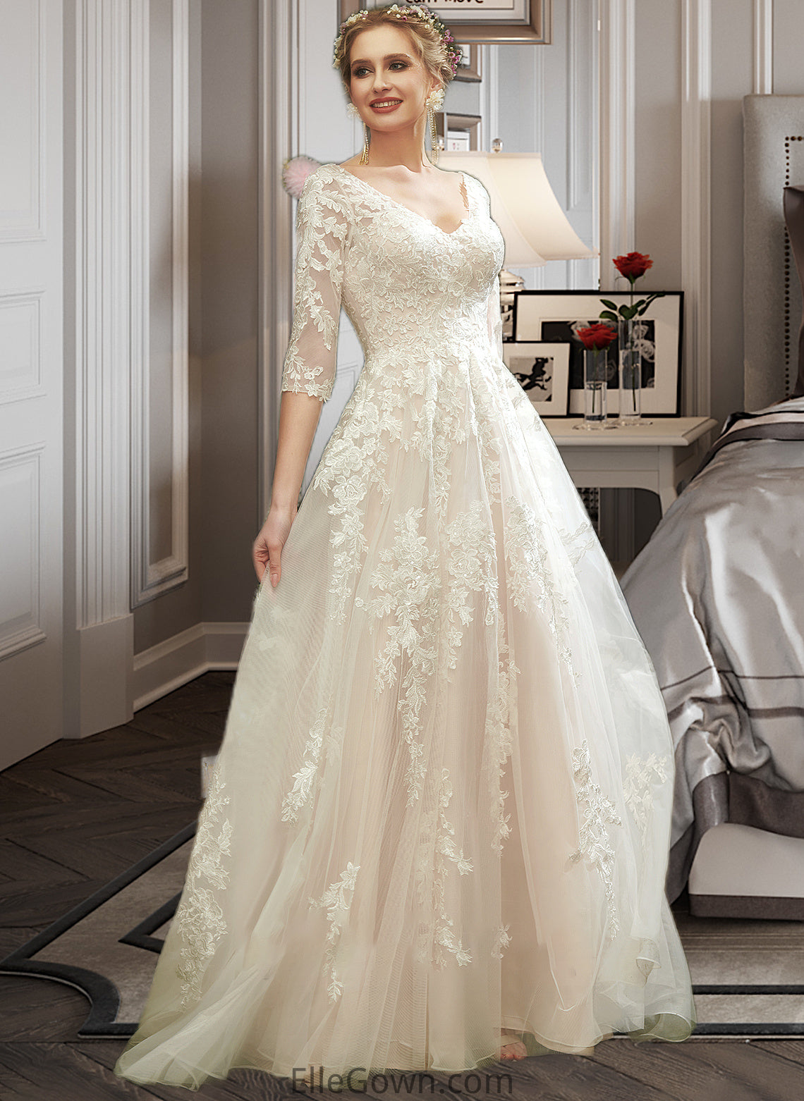 Gladys A-Line V-neck Court Train Wedding Dress With Sequins DEP0013690