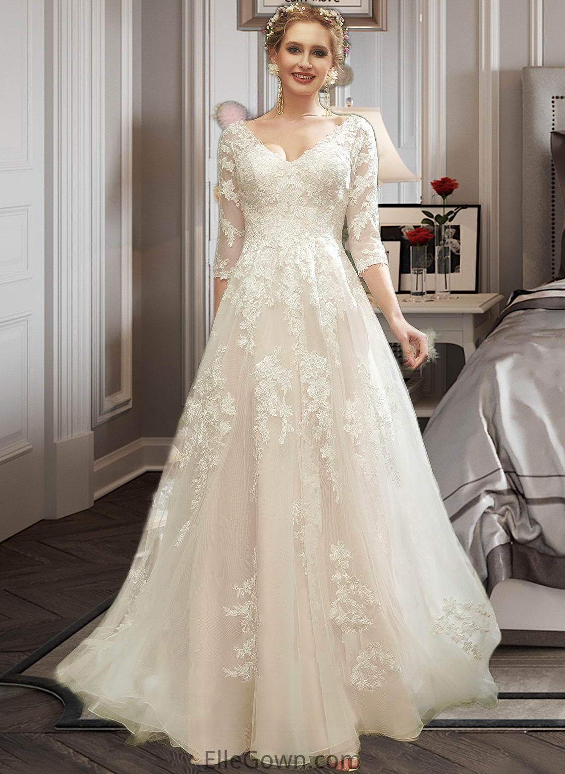 Gladys A-Line V-neck Court Train Wedding Dress With Sequins DEP0013690