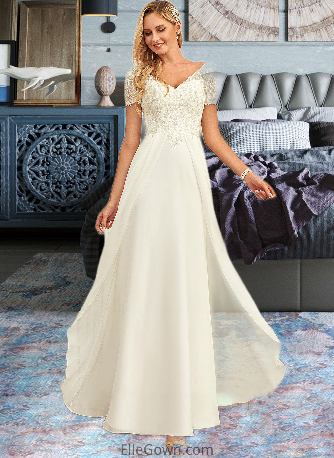 Meghan A-Line V-neck Floor-Length Chiffon Lace Wedding Dress With Lace DEP0013691