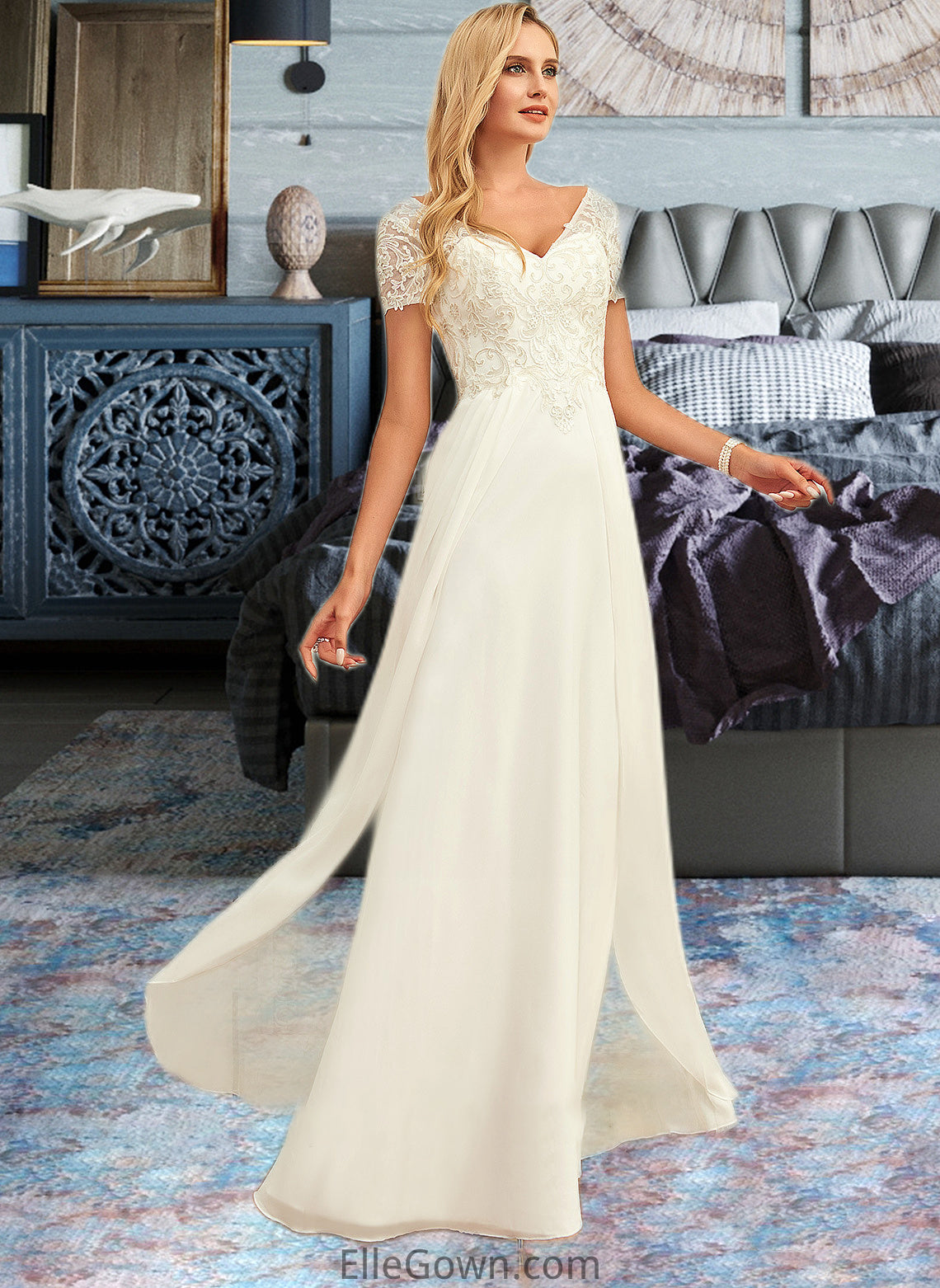 Meghan A-Line V-neck Floor-Length Chiffon Lace Wedding Dress With Lace DEP0013691