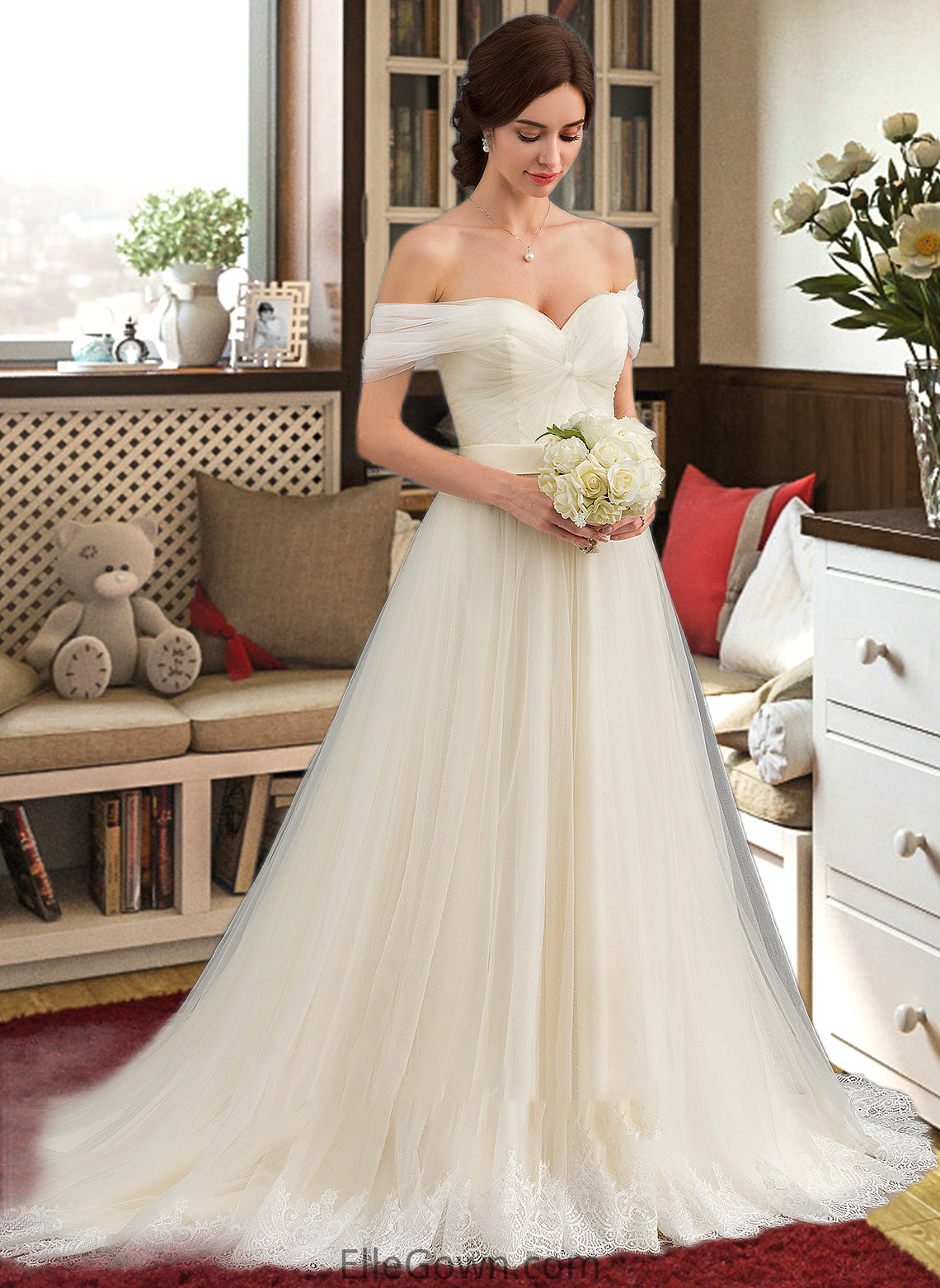 Evangeline Ball-Gown/Princess Off-the-Shoulder Court Train Tulle Lace Wedding Dress With Ruffle DEP0013692