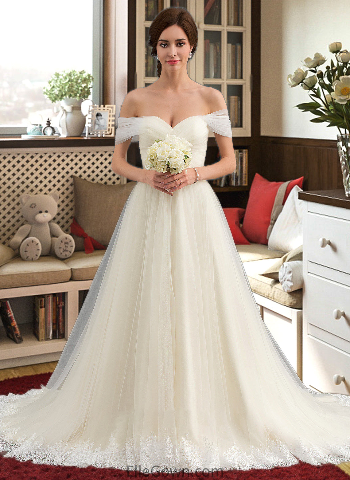 Evangeline Ball-Gown/Princess Off-the-Shoulder Court Train Tulle Lace Wedding Dress With Ruffle DEP0013692