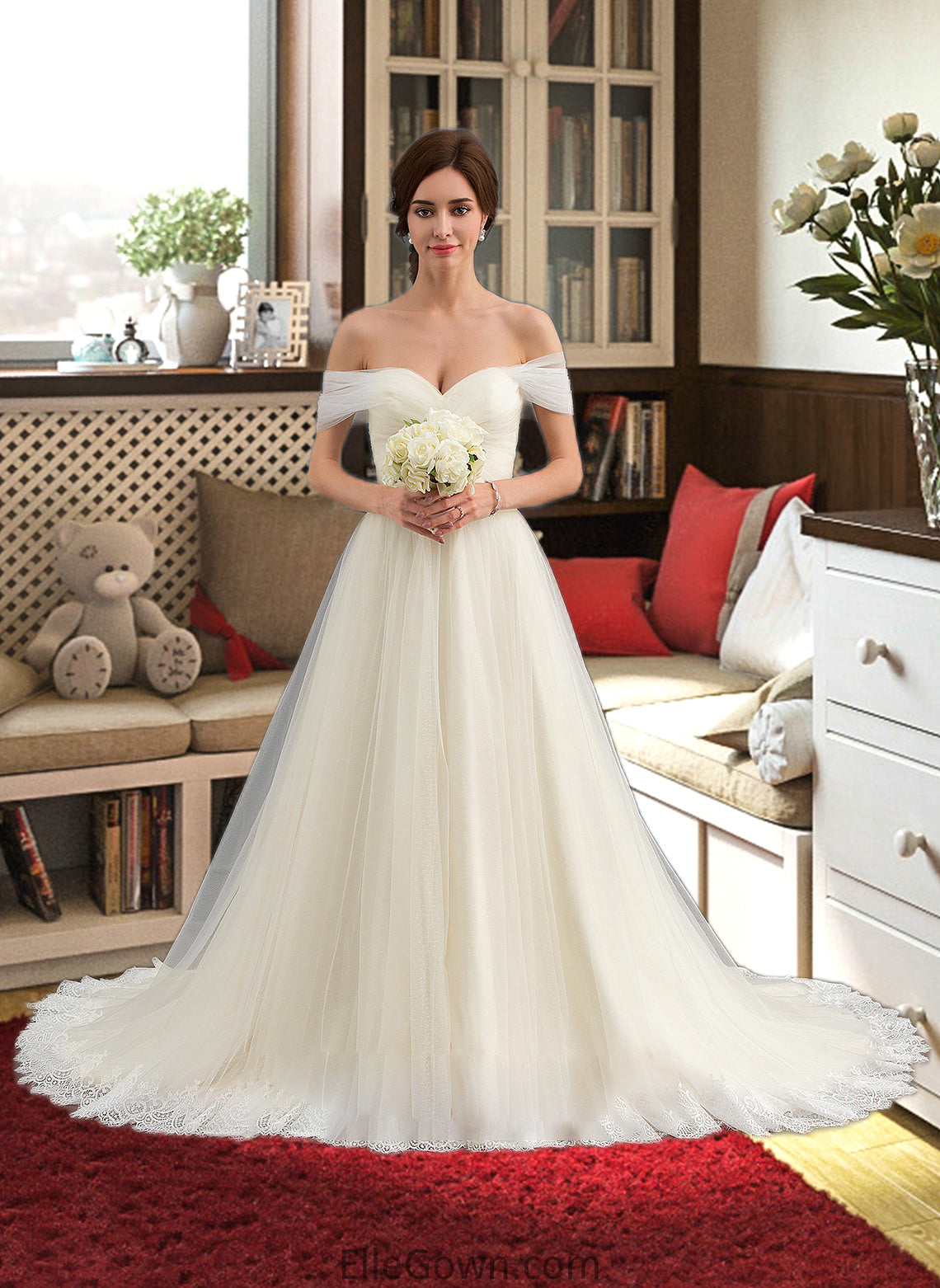 Evangeline Ball-Gown/Princess Off-the-Shoulder Court Train Tulle Lace Wedding Dress With Ruffle DEP0013692