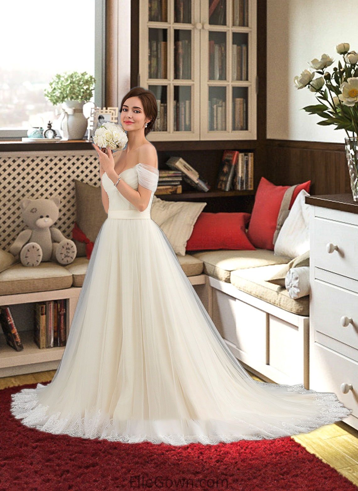 Evangeline Ball-Gown/Princess Off-the-Shoulder Court Train Tulle Lace Wedding Dress With Ruffle DEP0013692