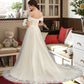 Evangeline Ball-Gown/Princess Off-the-Shoulder Court Train Tulle Lace Wedding Dress With Ruffle DEP0013692