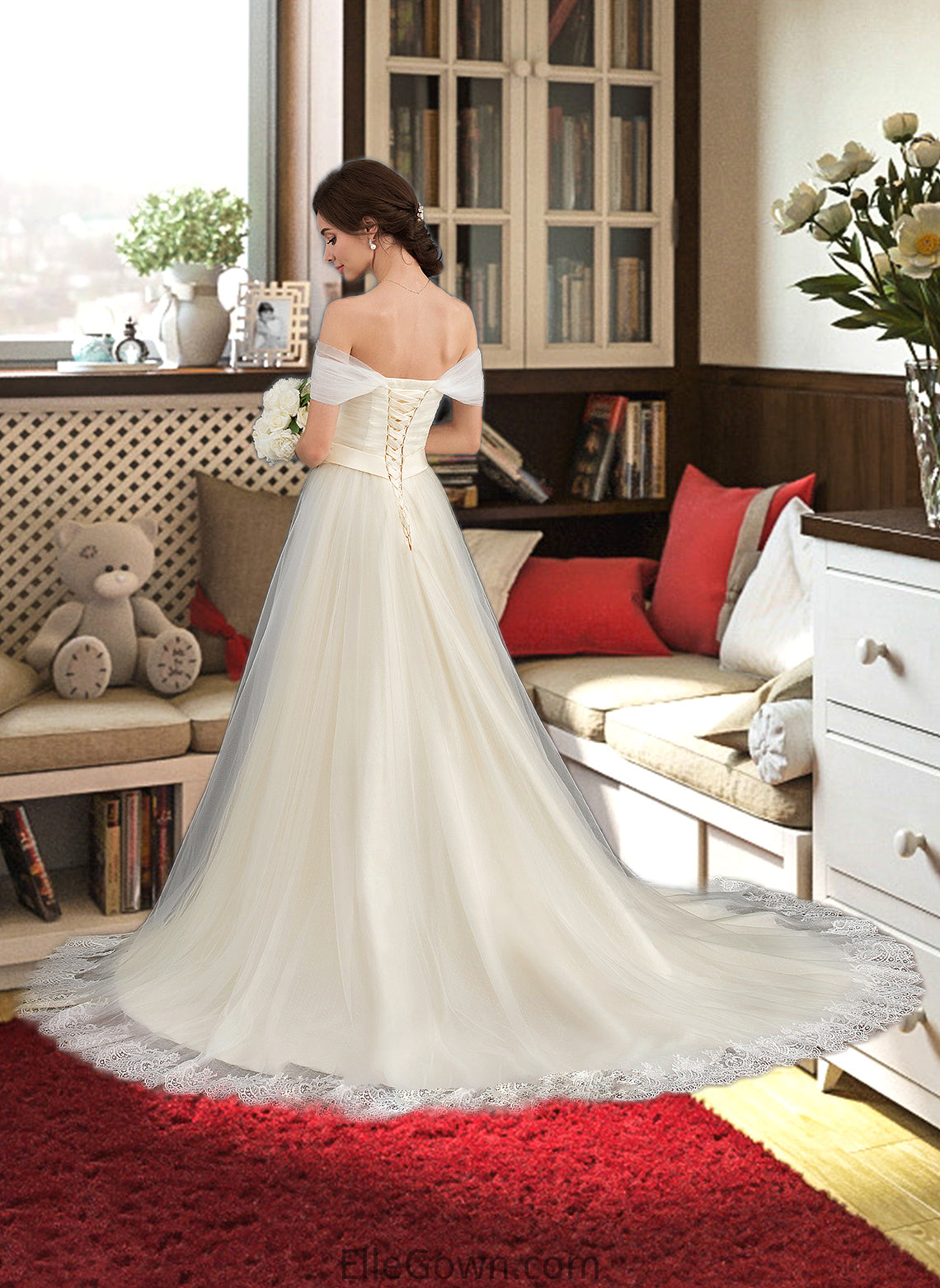 Evangeline Ball-Gown/Princess Off-the-Shoulder Court Train Tulle Lace Wedding Dress With Ruffle DEP0013692