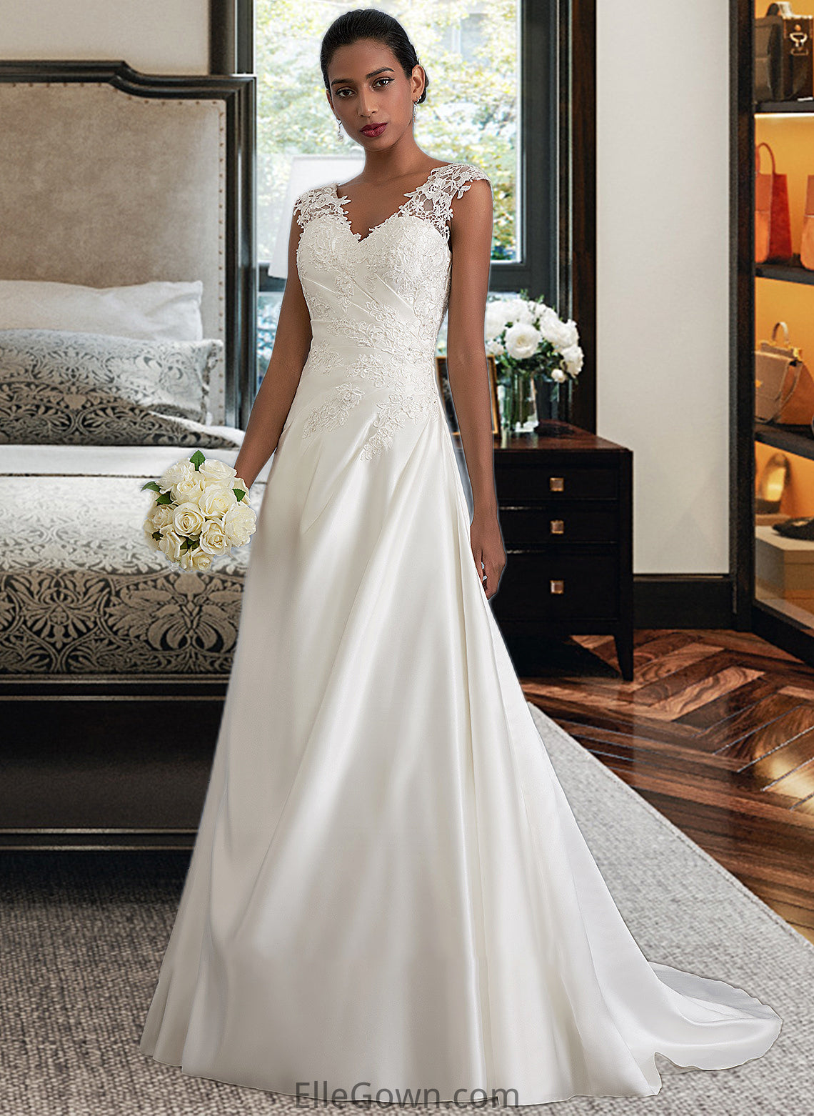 Marilyn Ball-Gown/Princess V-neck Sweep Train Satin Wedding Dress With Ruffle Beading Sequins DEP0013693