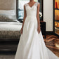 Marilyn Ball-Gown/Princess V-neck Sweep Train Satin Wedding Dress With Ruffle Beading Sequins DEP0013693