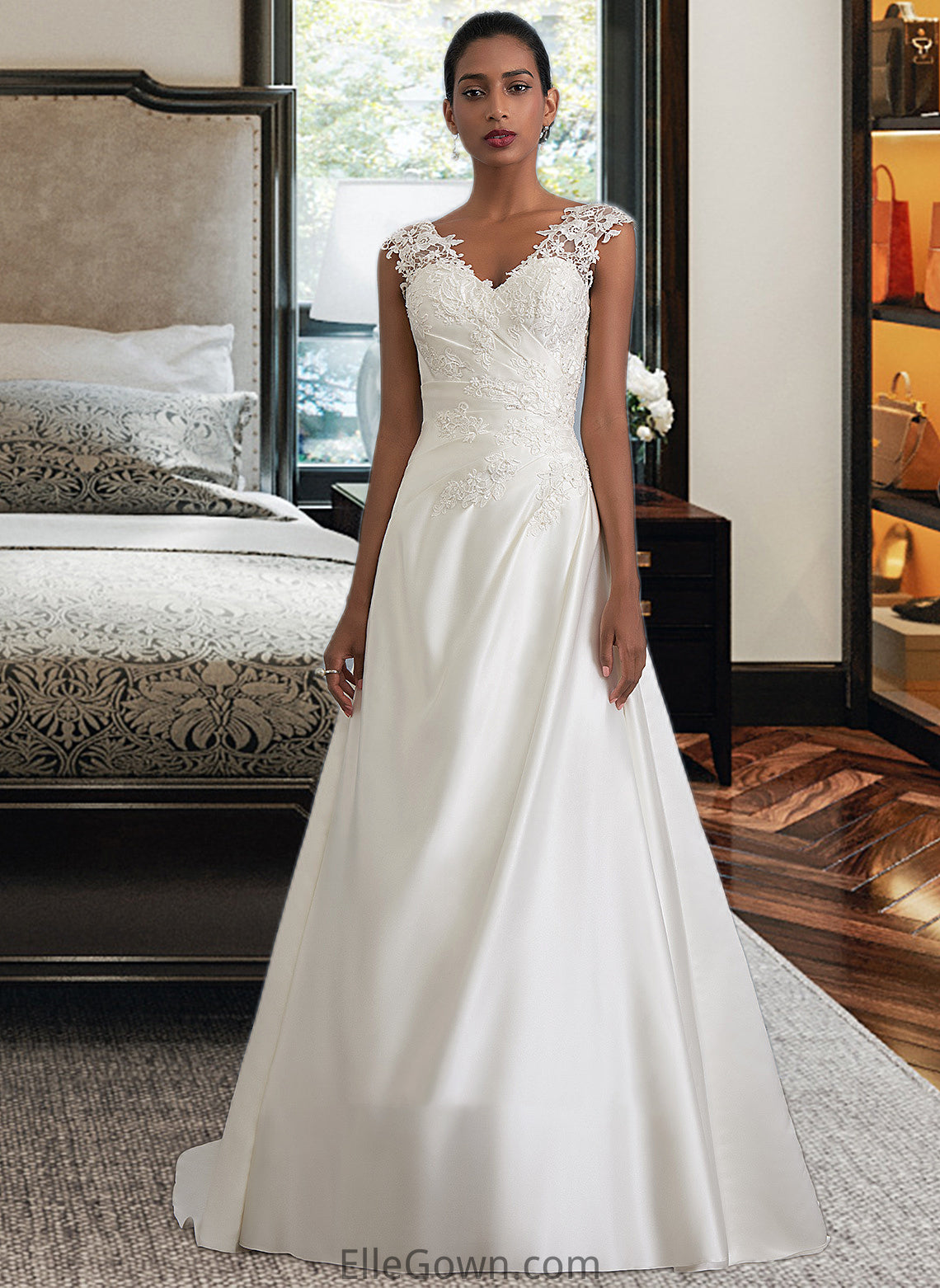 Marilyn Ball-Gown/Princess V-neck Sweep Train Satin Wedding Dress With Ruffle Beading Sequins DEP0013693