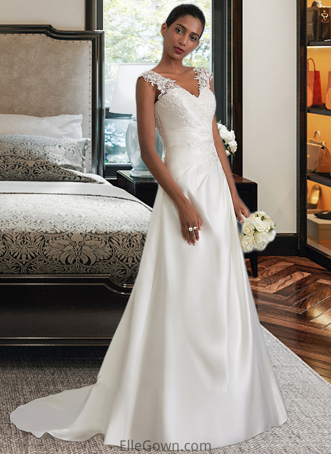 Marilyn Ball-Gown/Princess V-neck Sweep Train Satin Wedding Dress With Ruffle Beading Sequins DEP0013693