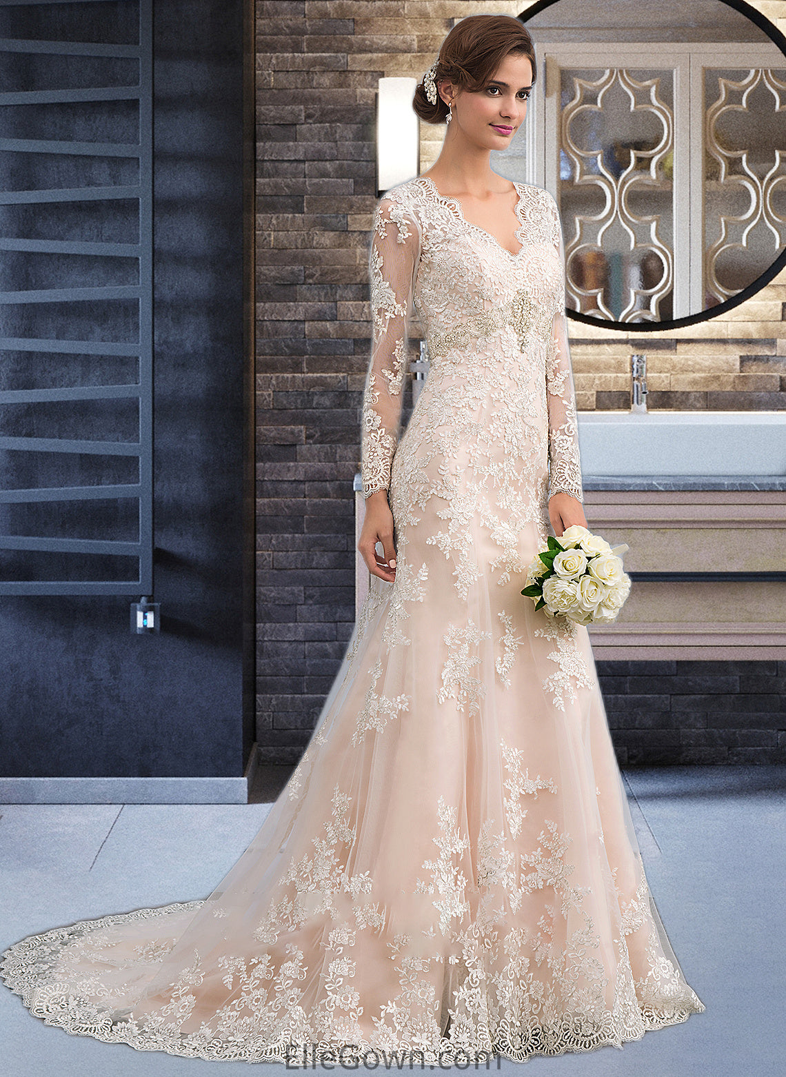 Laylah Trumpet/Mermaid V-neck Court Train Tulle Lace Wedding Dress DEP0013694