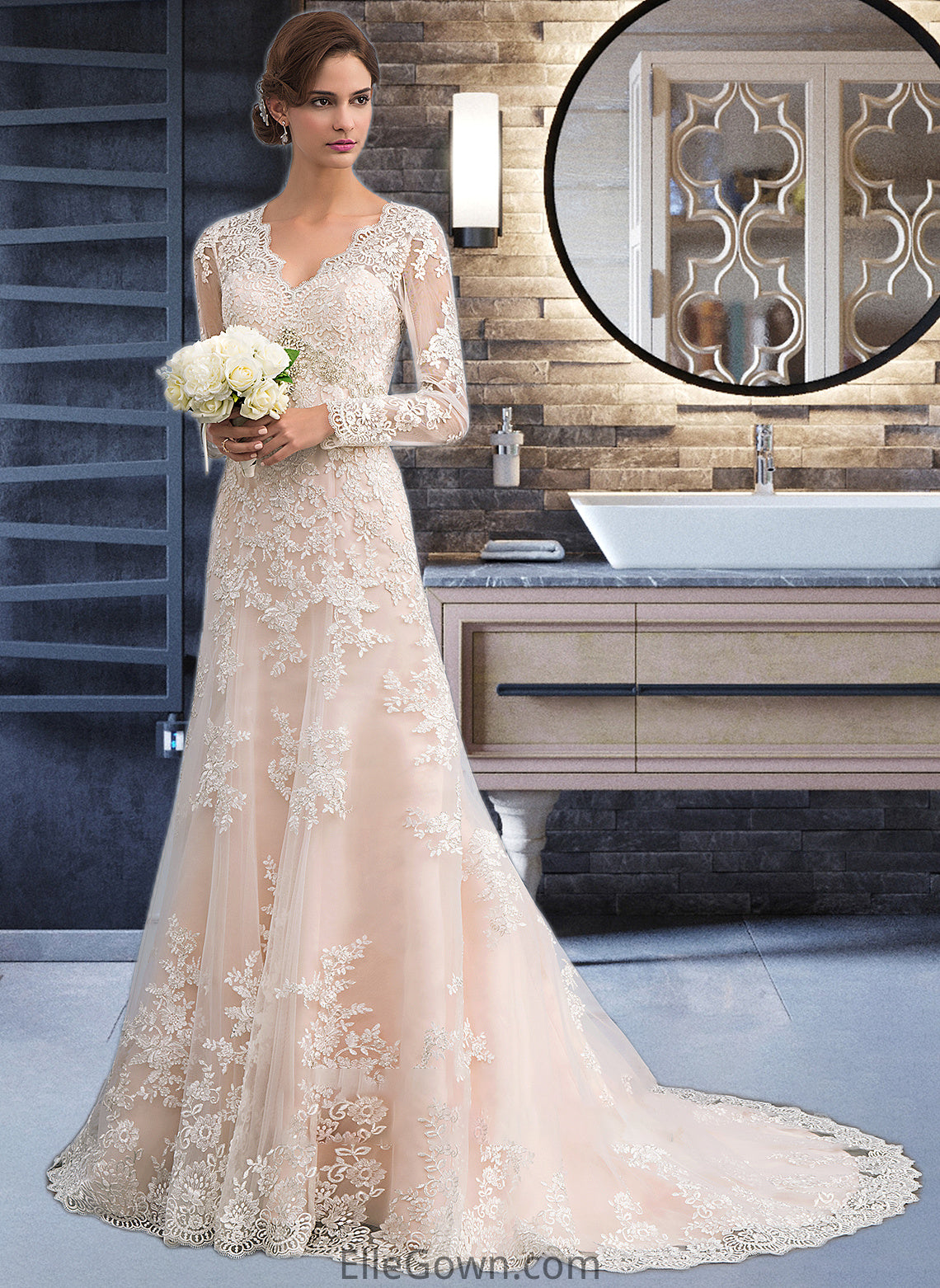 Laylah Trumpet/Mermaid V-neck Court Train Tulle Lace Wedding Dress DEP0013694