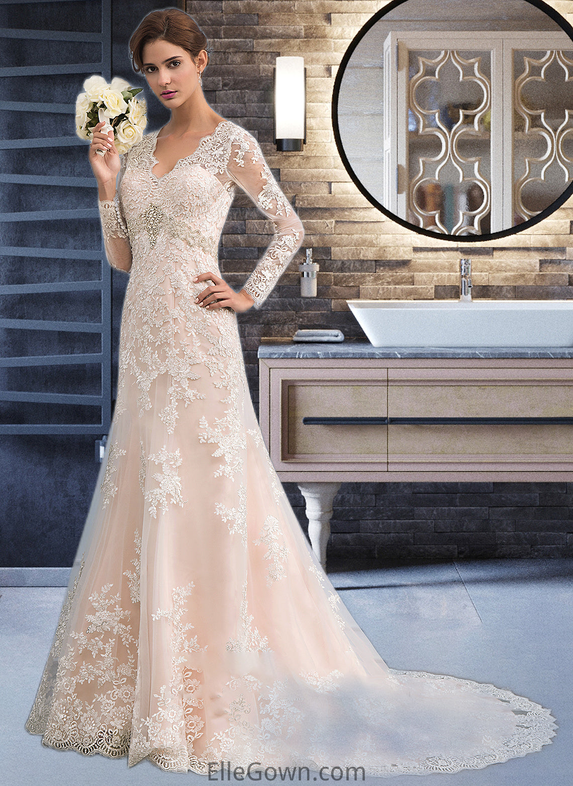 Laylah Trumpet/Mermaid V-neck Court Train Tulle Lace Wedding Dress DEP0013694