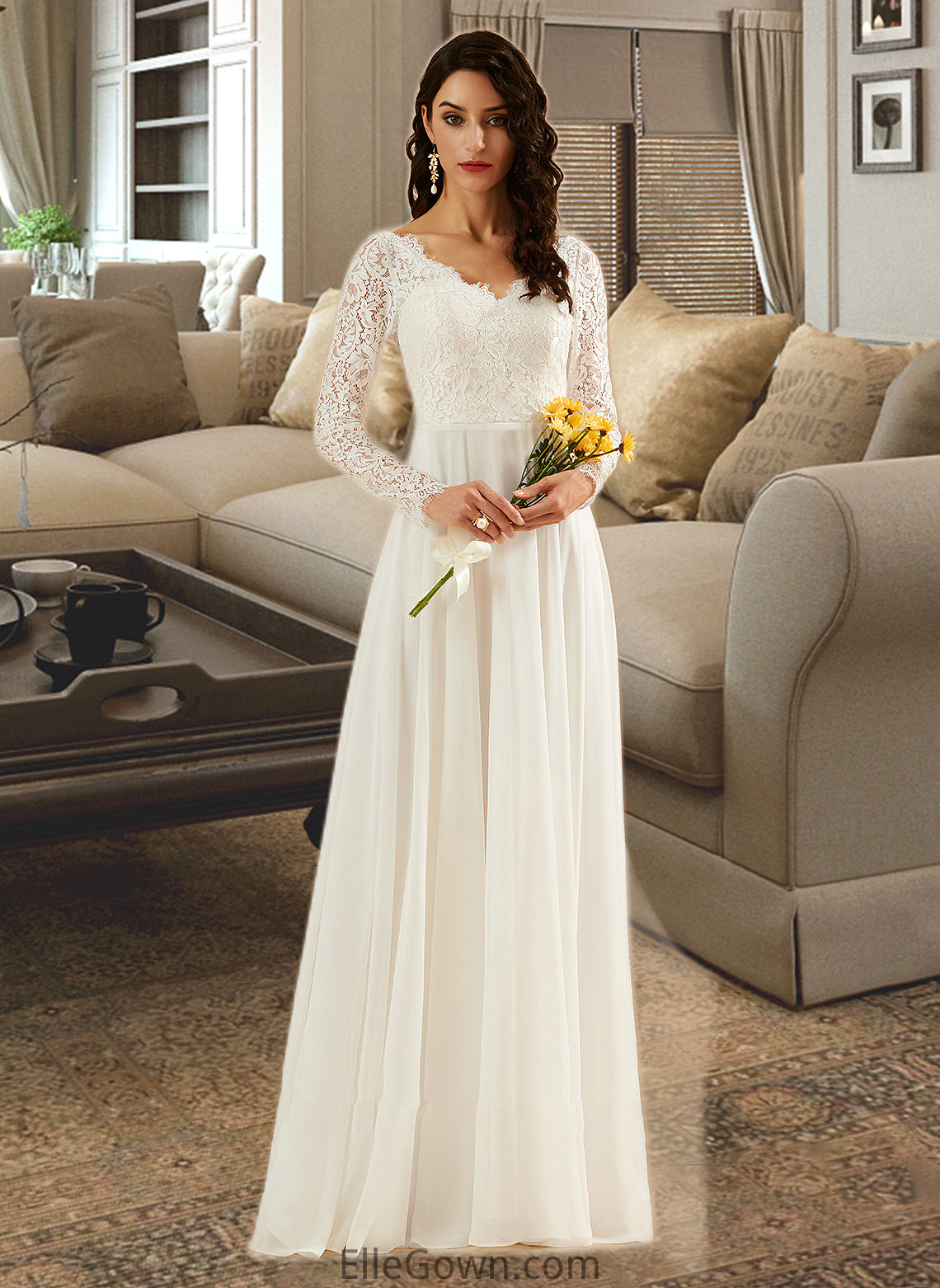 Amiya A-Line V-neck Sweep Train Wedding Dress With Lace DEP0013696