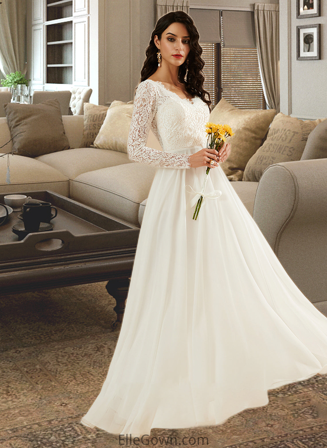 Amiya A-Line V-neck Sweep Train Wedding Dress With Lace DEP0013696