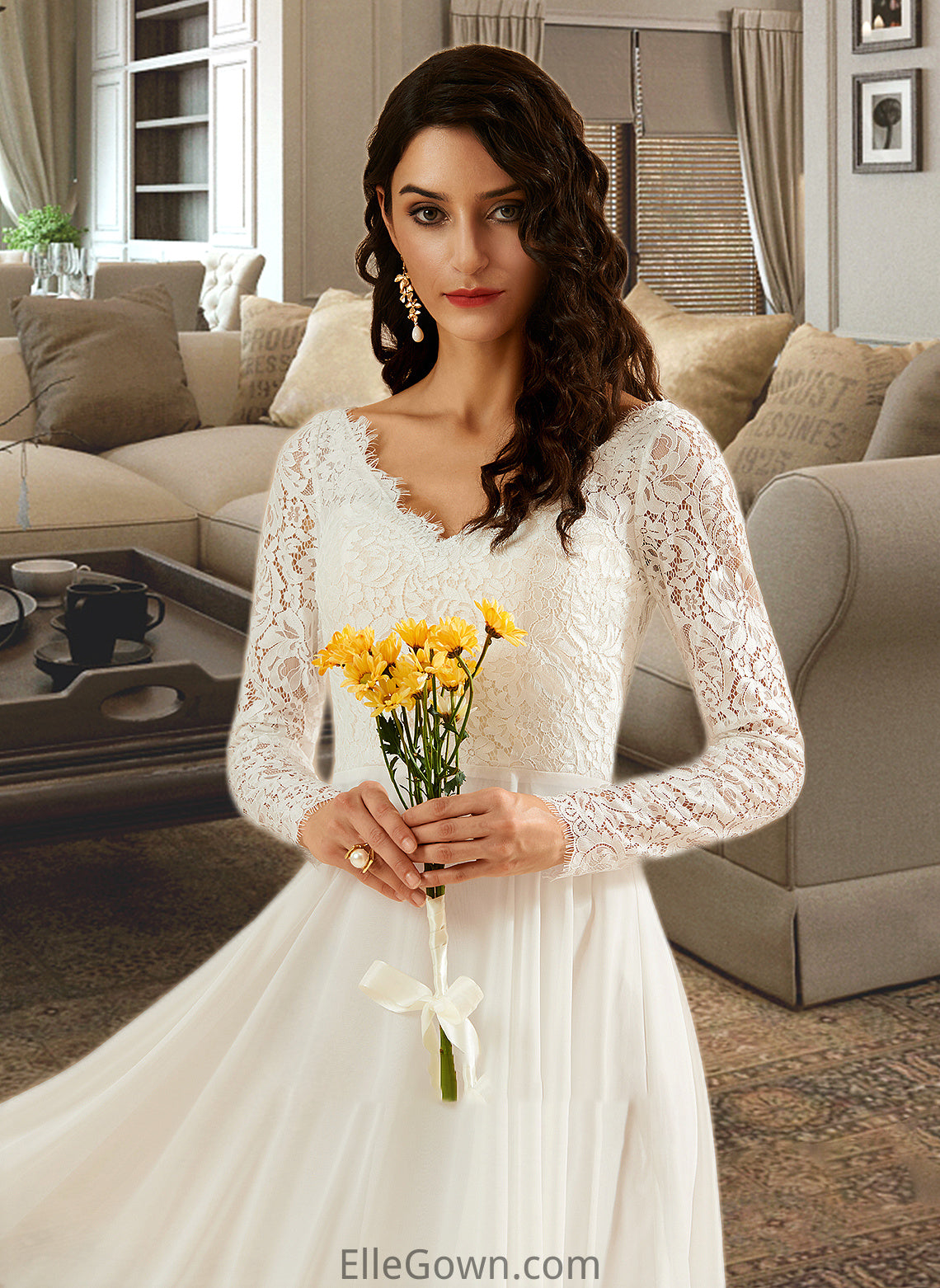 Amiya A-Line V-neck Sweep Train Wedding Dress With Lace DEP0013696