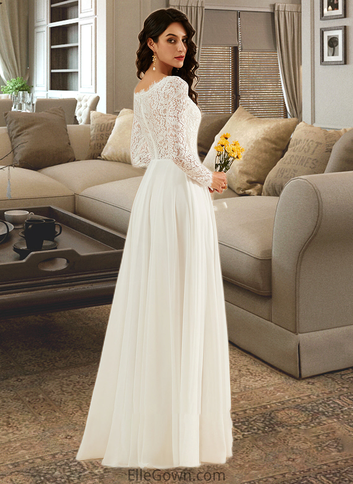 Amiya A-Line V-neck Sweep Train Wedding Dress With Lace DEP0013696