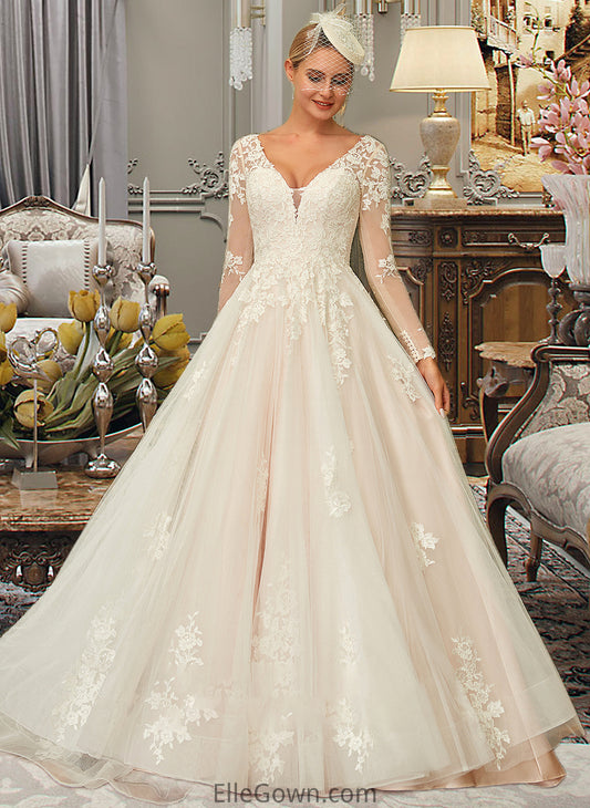 Adalyn Ball-Gown/Princess V-neck Sweep Train Tulle Lace Wedding Dress DEP0013698