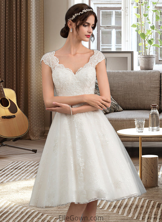 Raelynn A-Line V-neck Knee-Length Tulle Lace Wedding Dress DEP0013700