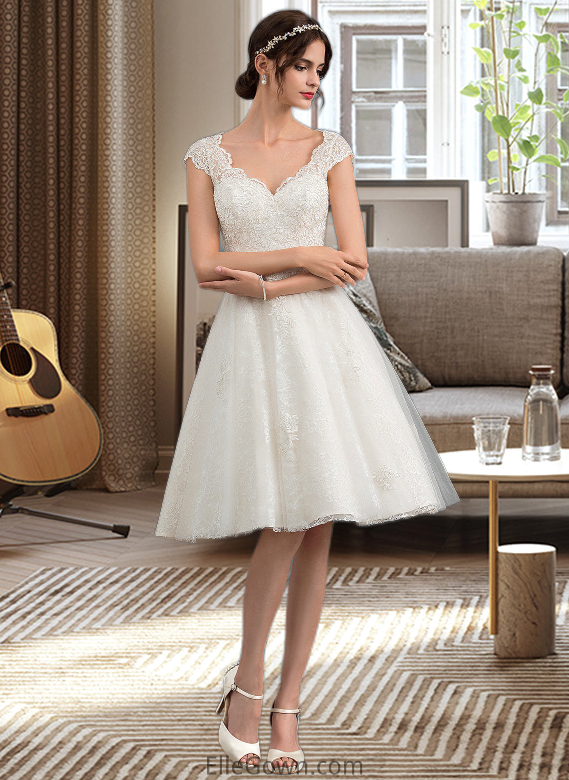 Raelynn A-Line V-neck Knee-Length Tulle Lace Wedding Dress DEP0013700