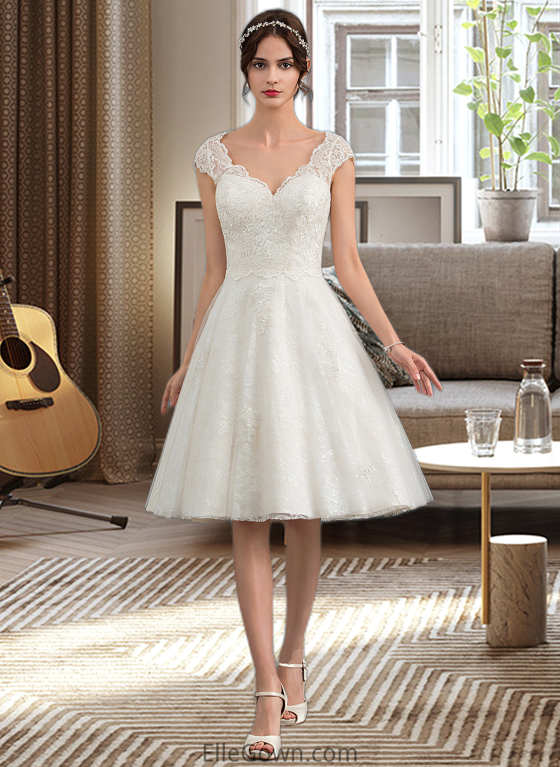 Raelynn A-Line V-neck Knee-Length Tulle Lace Wedding Dress DEP0013700