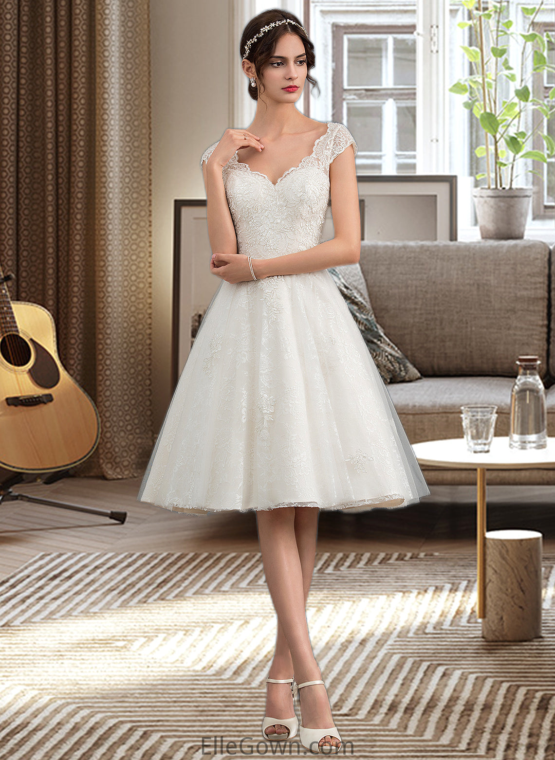 Raelynn A-Line V-neck Knee-Length Tulle Lace Wedding Dress DEP0013700