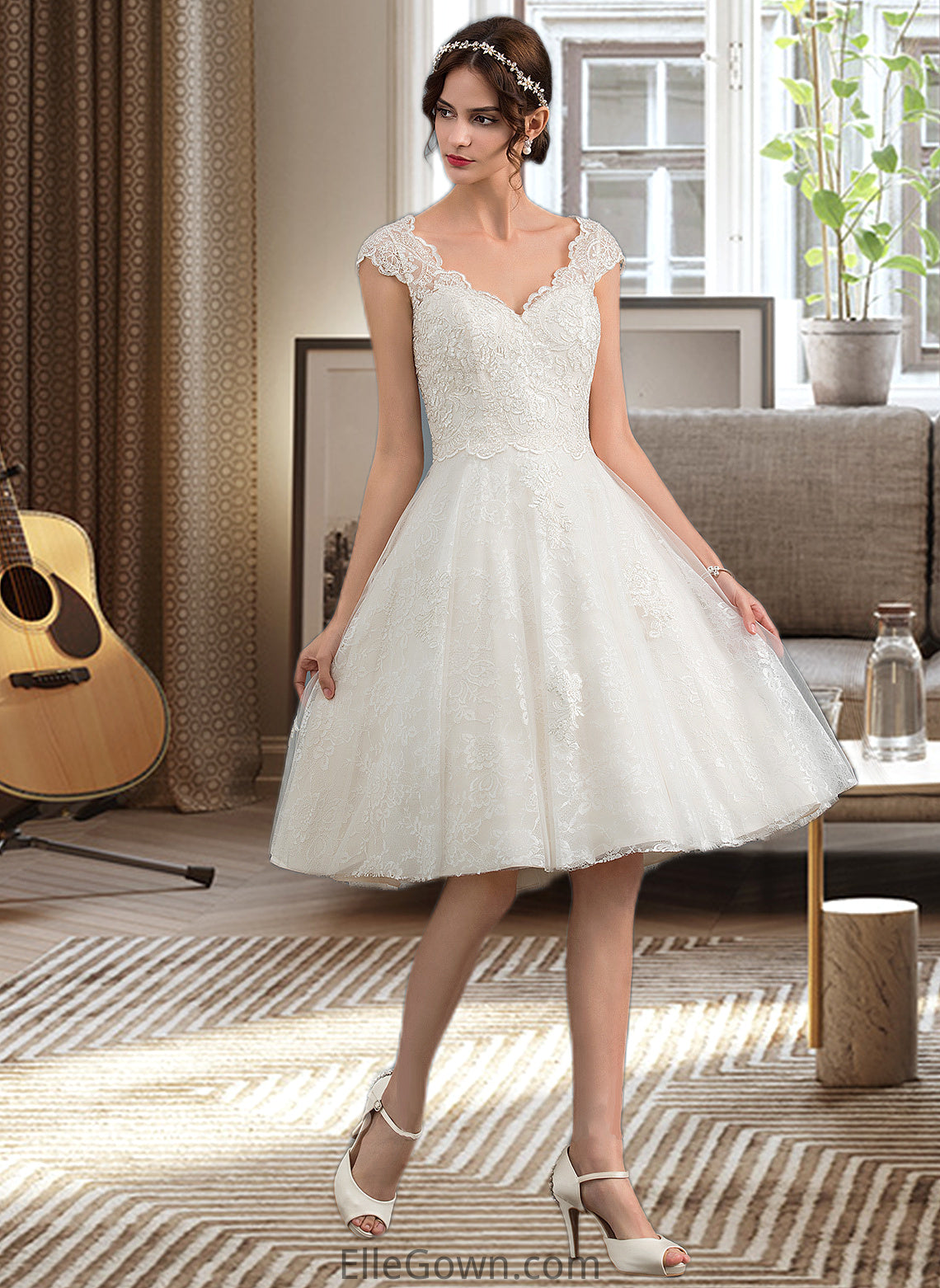 Raelynn A-Line V-neck Knee-Length Tulle Lace Wedding Dress DEP0013700