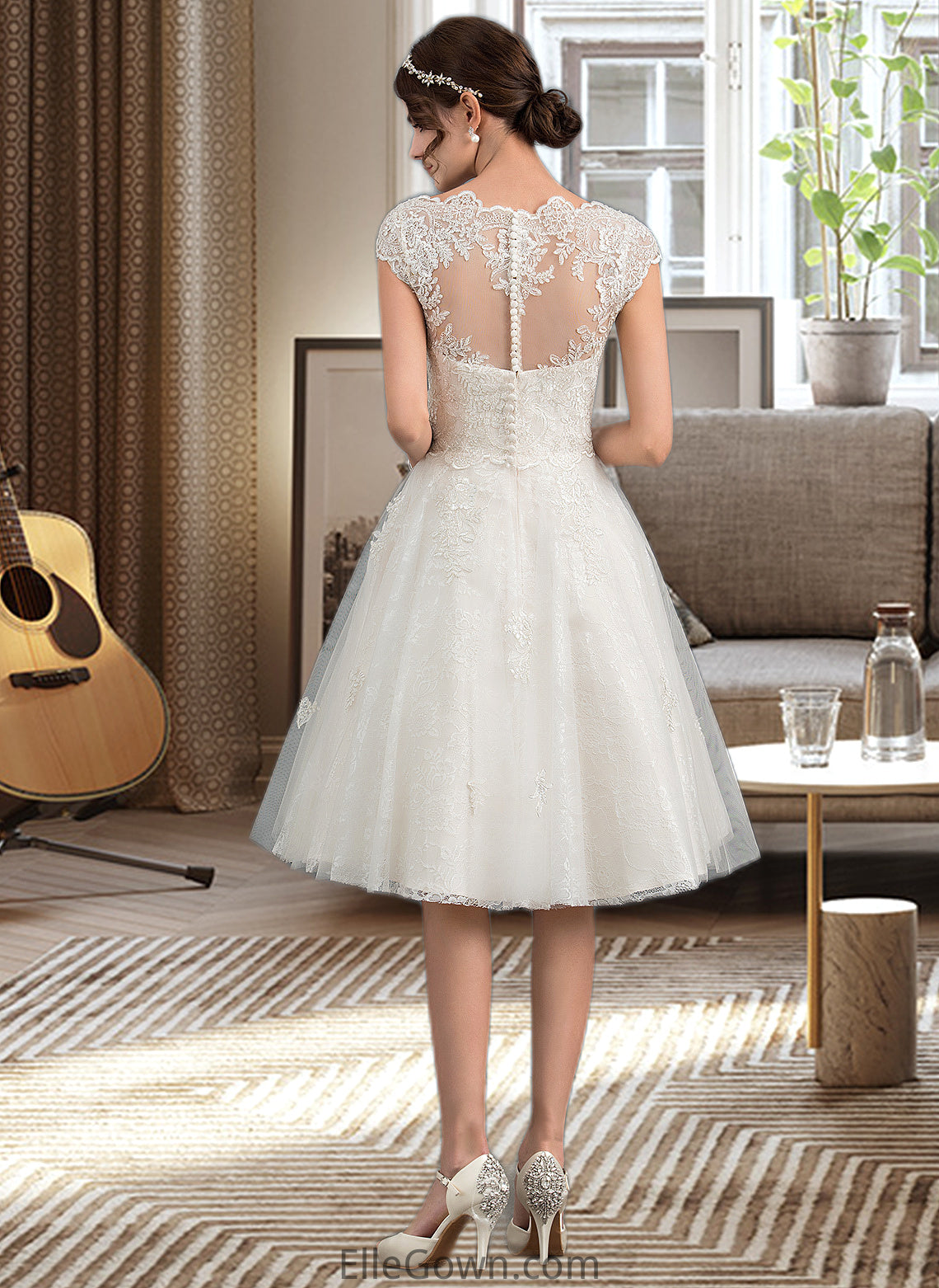 Raelynn A-Line V-neck Knee-Length Tulle Lace Wedding Dress DEP0013700