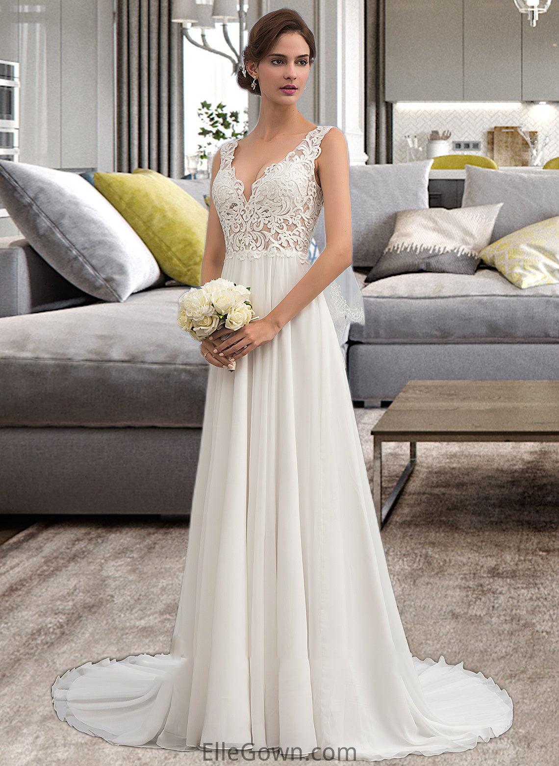 Nicole A-Line V-neck Court Train Chiffon Wedding Dress DEP0013701