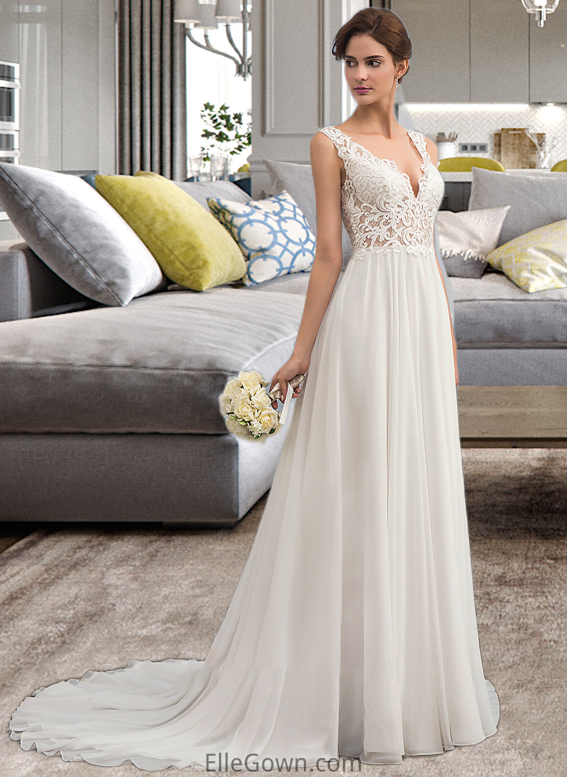 Nicole A-Line V-neck Court Train Chiffon Wedding Dress DEP0013701