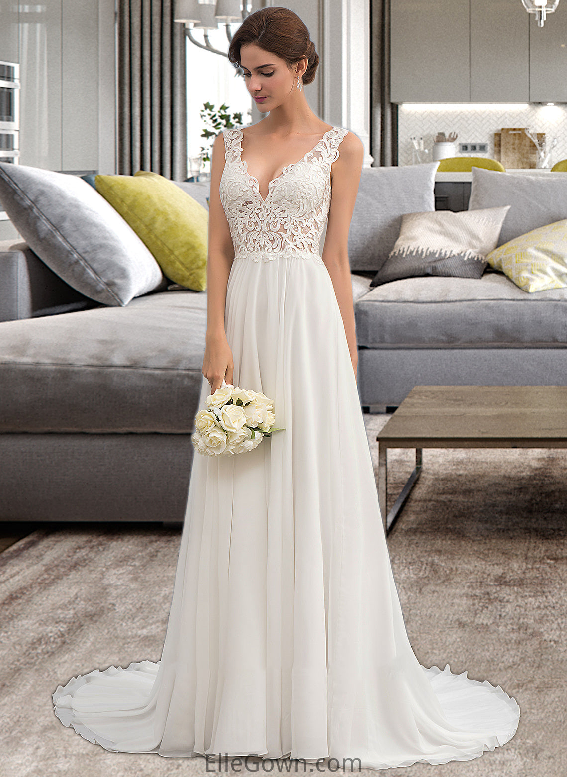 Nicole A-Line V-neck Court Train Chiffon Wedding Dress DEP0013701