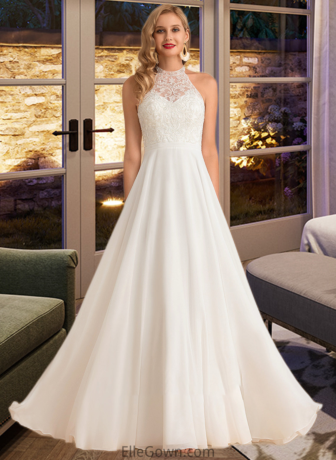 Helen A-Line High Neck Floor-Length Chiffon Wedding Dress DEP0013702