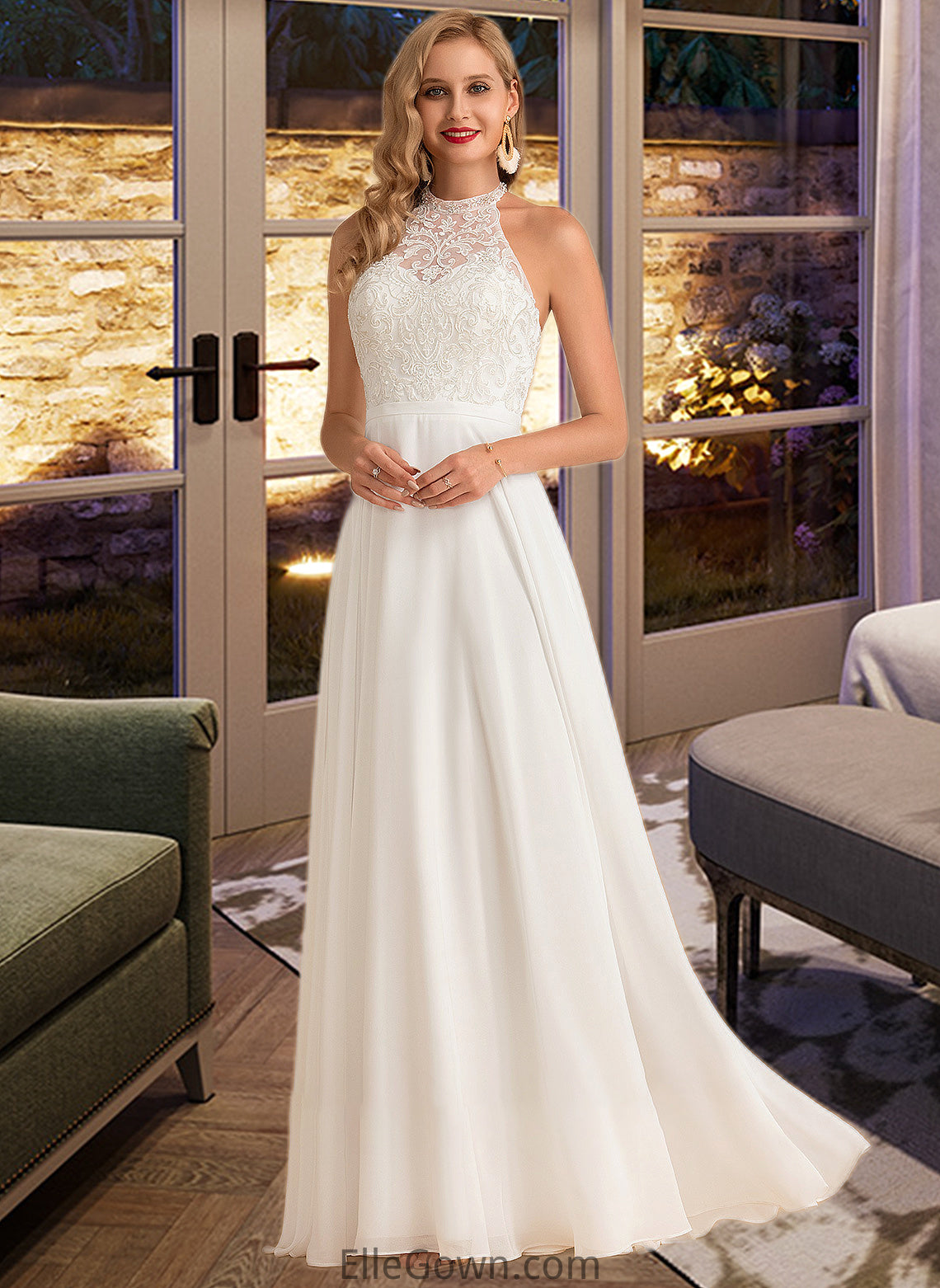 Helen A-Line High Neck Floor-Length Chiffon Wedding Dress DEP0013702