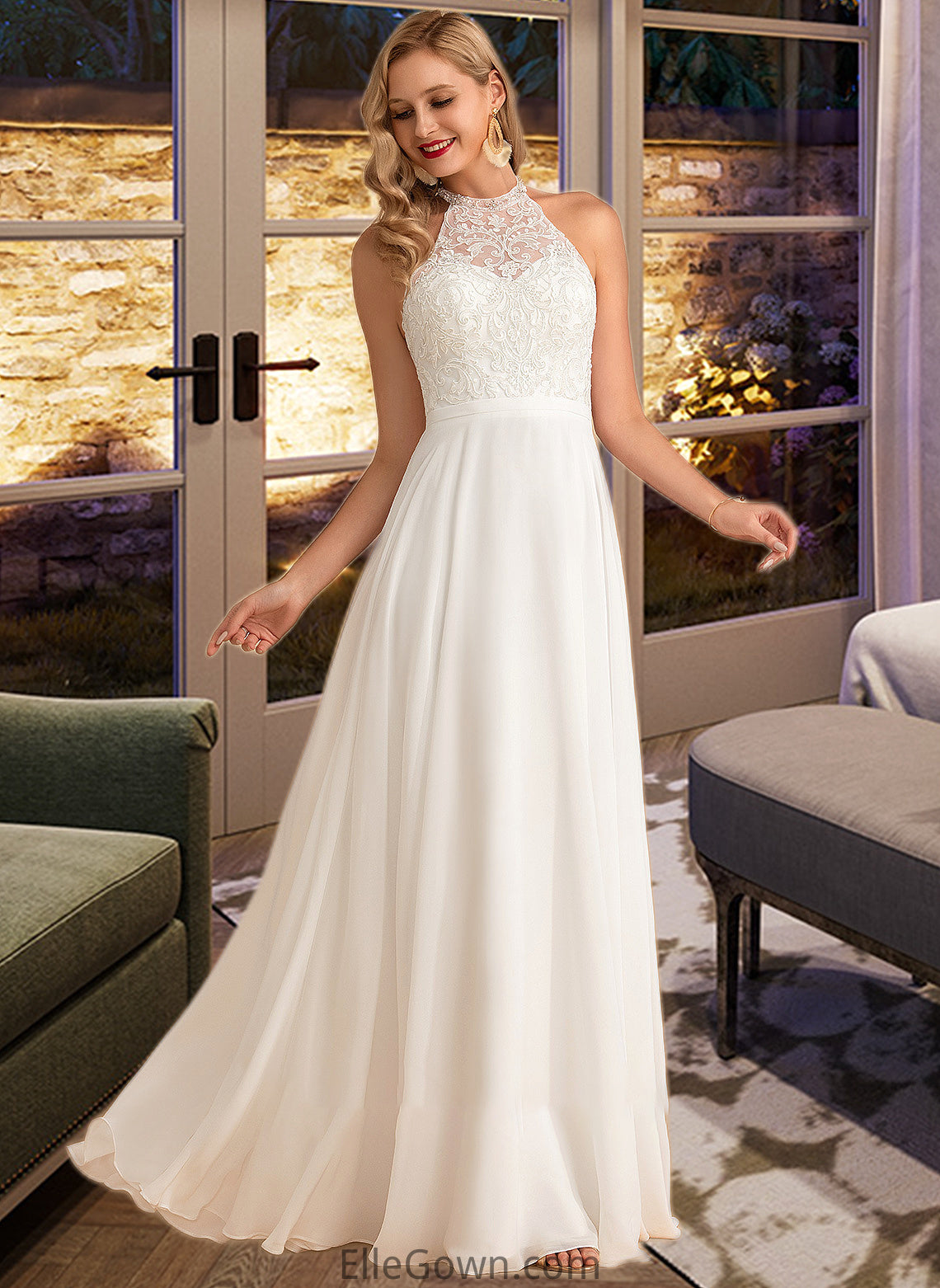 Helen A-Line High Neck Floor-Length Chiffon Wedding Dress DEP0013702