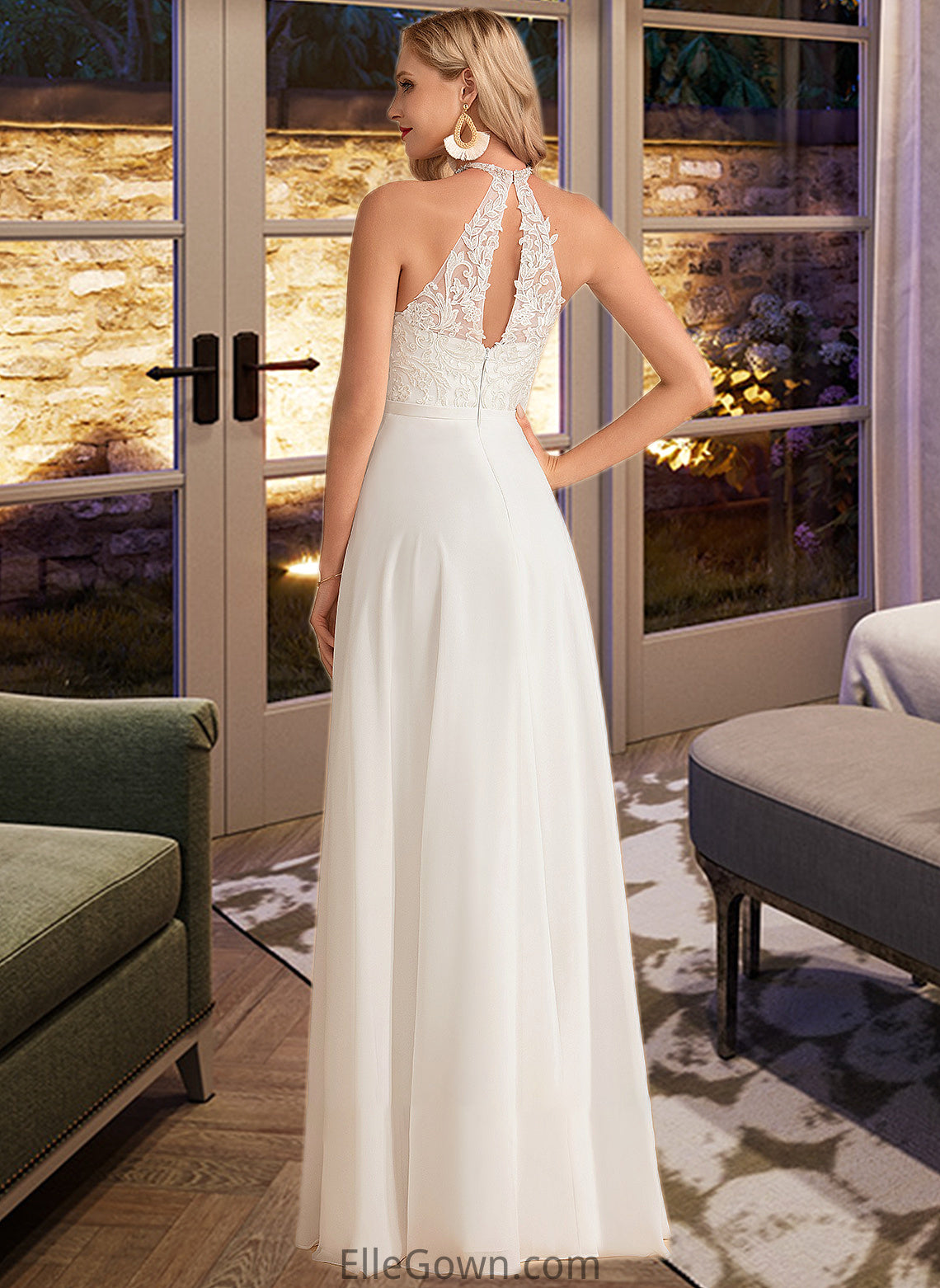 Helen A-Line High Neck Floor-Length Chiffon Wedding Dress DEP0013702